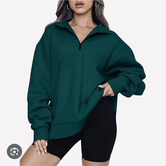 Trendy Queen Oversize Quarter-Zip Pullover Sweatshirt L Teal - Picture 1 of 6